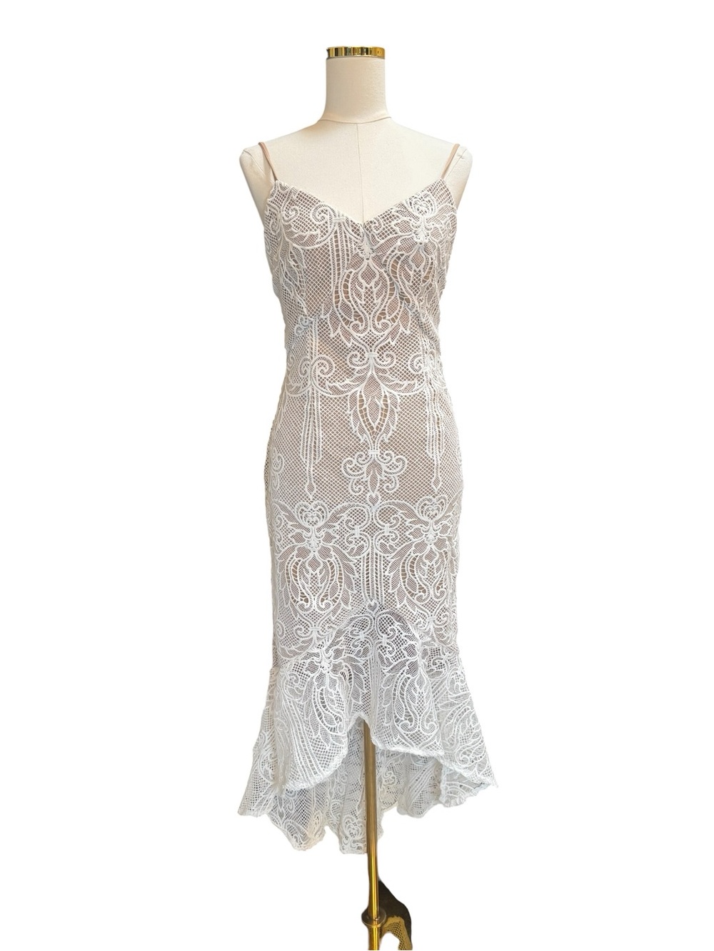 Windsor Lace Mermaid Midi Dress Ivory Nude Sheer Bodycon Bridal Size Large - Picture 8 of 11